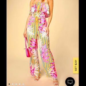 Lulu’s Montane Golden Yellow Tropical Print Strapless Jumpsuit